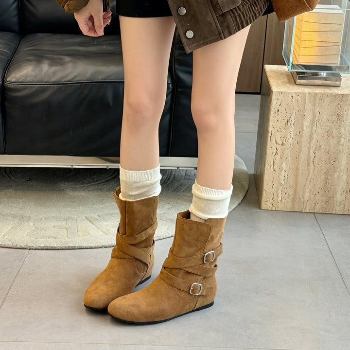 Women's Mid Calf Comfortable Winter Boots, Buckle Straps
