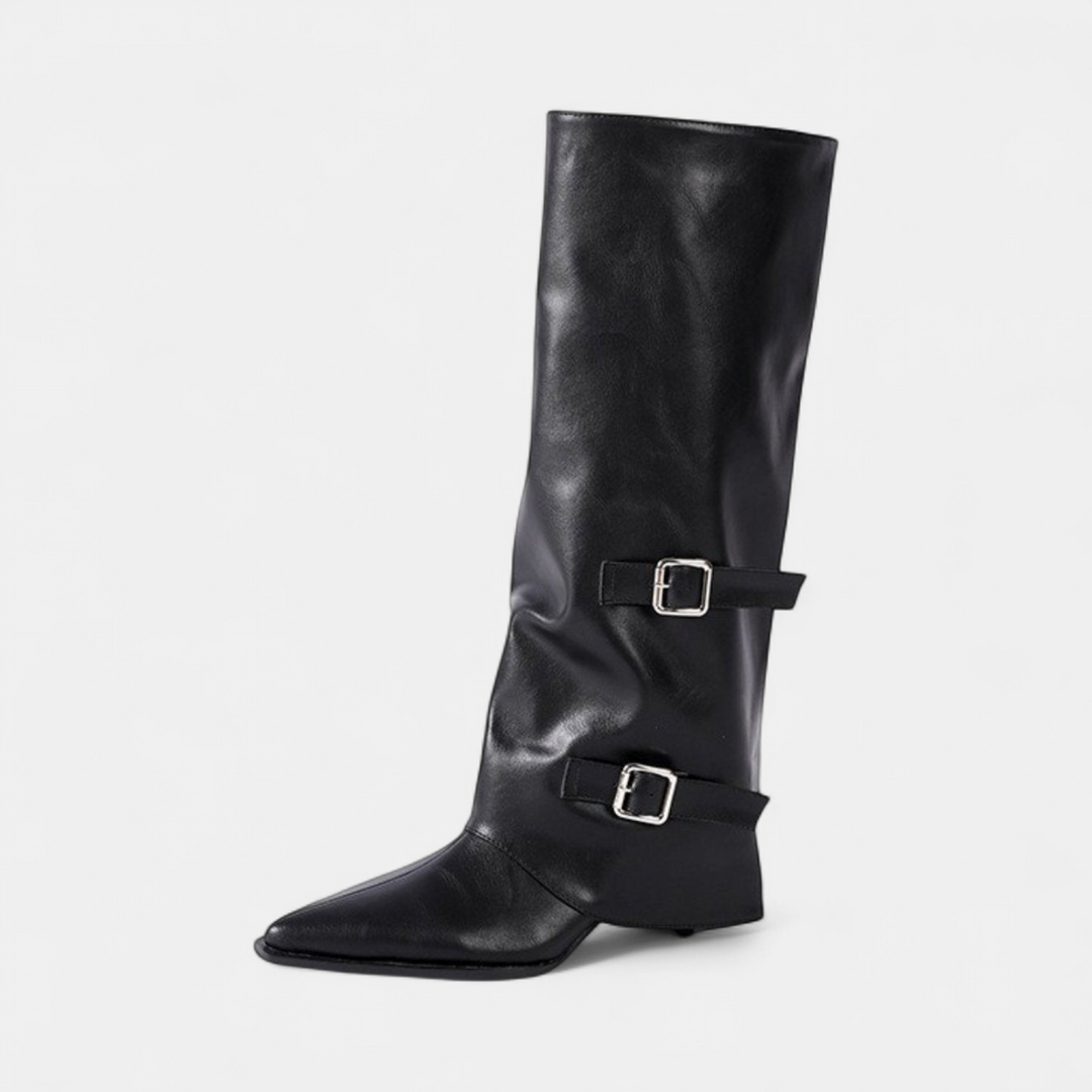 Women's Knee High Boots, Pointed Toe Low Wedge