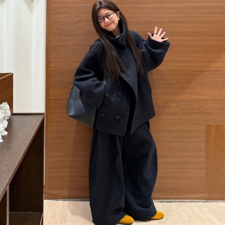 Women's Short Double Breasted Peacoat, Oversized High Neck Belted