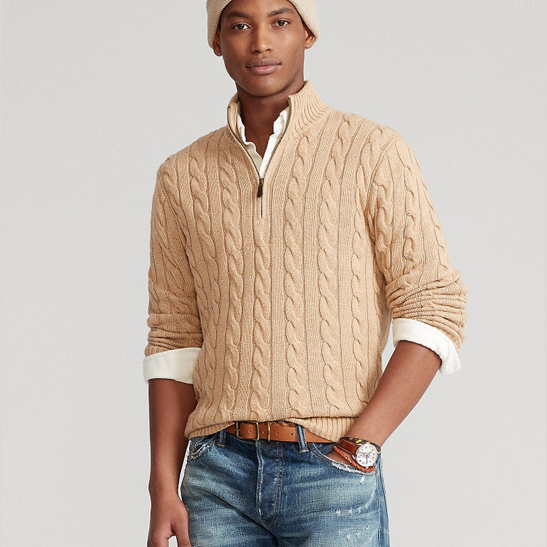 Men's Quarter Zip Sweater, Cable Knit Cotton Pullover