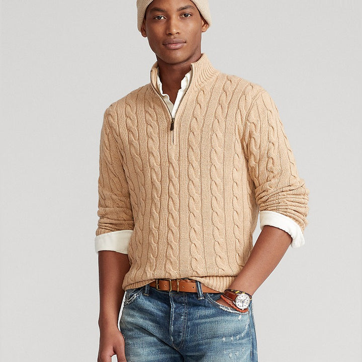 Men's Quarter Zip Sweater, Cable Knit Cotton Pullover