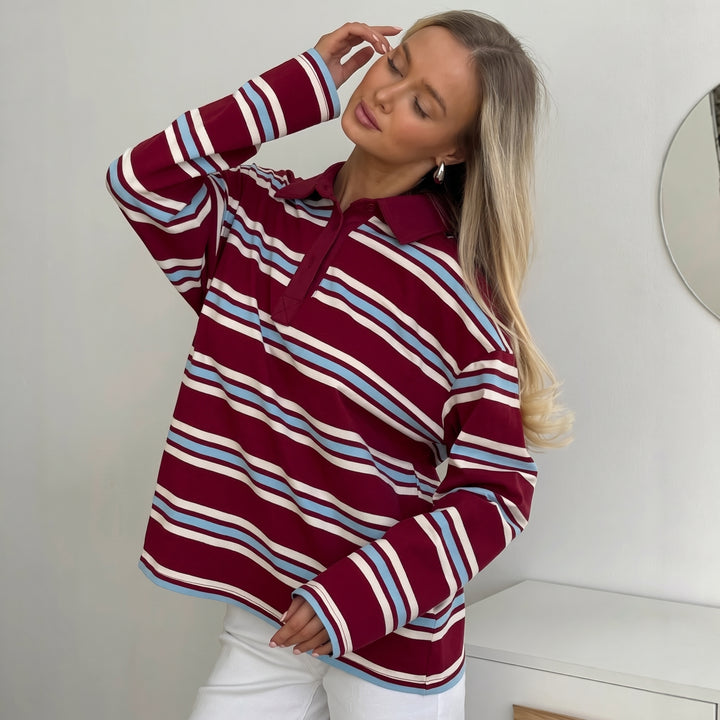 Women's Long Sleeve Polo Rugby Shirt, Button Placket Collared