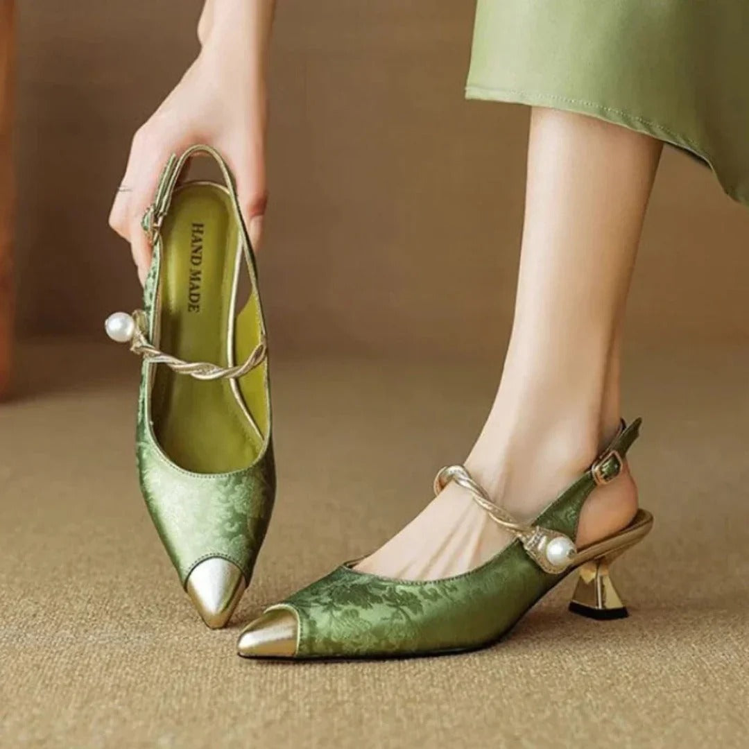 Women's Kitten Heel Mary Jane Slingback Pumps, Pearl Strap