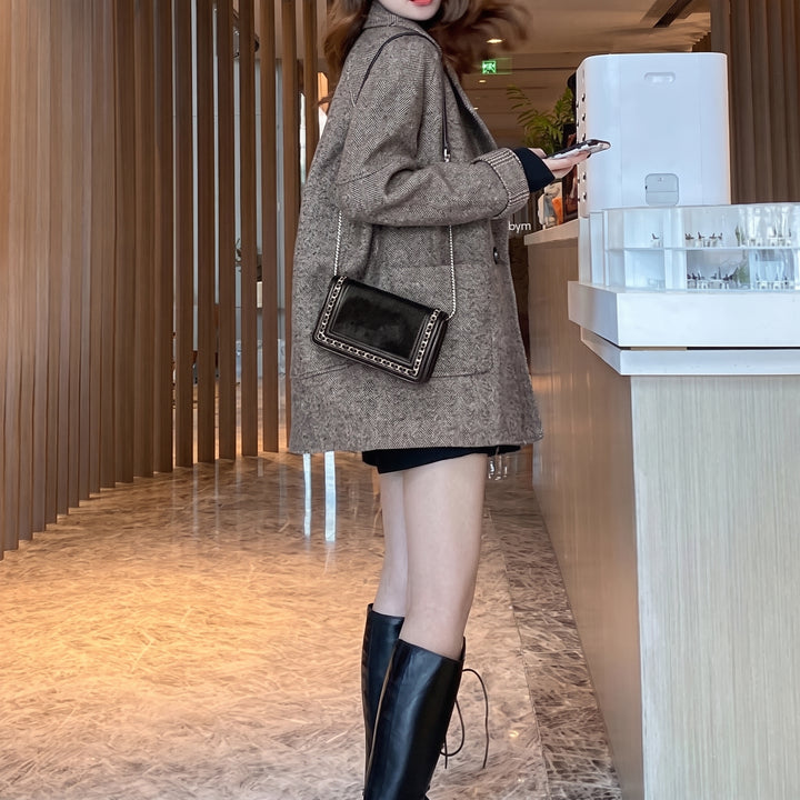 Women's Herringbone Winter Peacoat, Tailored Notched Lapel
