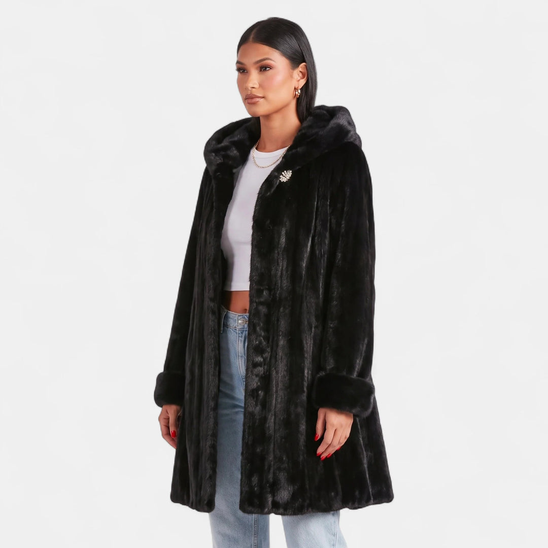 Women's Oversized Hooded Faux Fur Coat, Knee Length Open Front