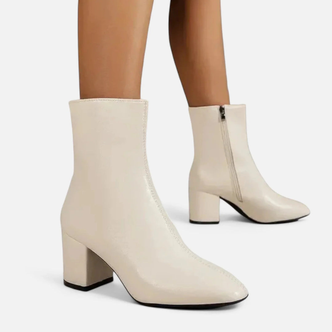 Women's Square Toe Leather Ankle Boots, Block Heel