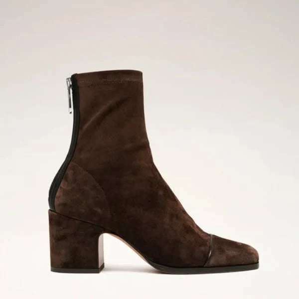 Women's Suede Square Toe Brown Boots, Block Heel Side Zip