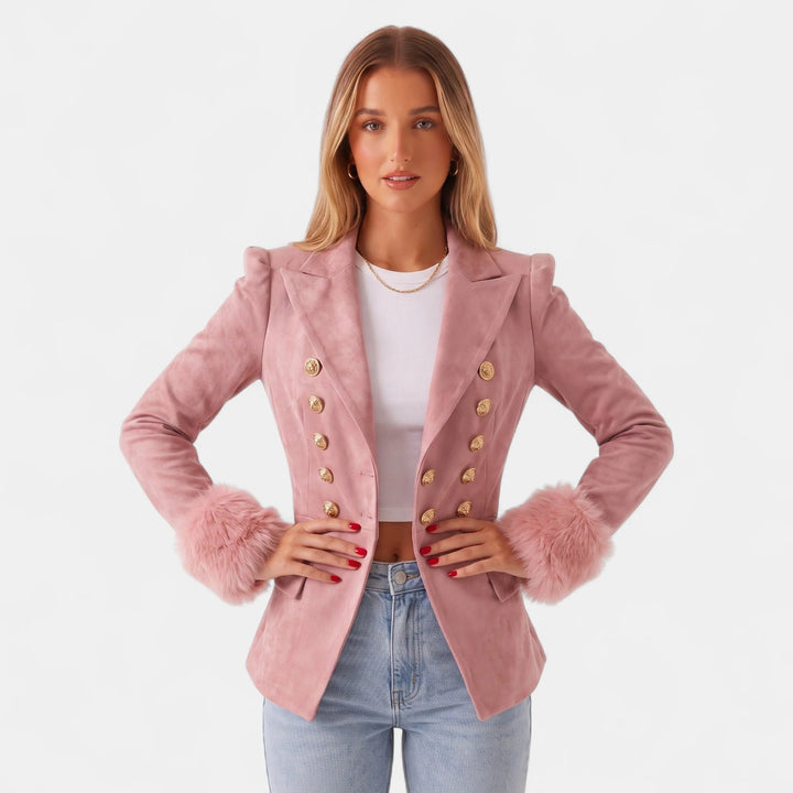 Women's Double Breasted Suede Blazer, Faux Fur Cuffs Tailored