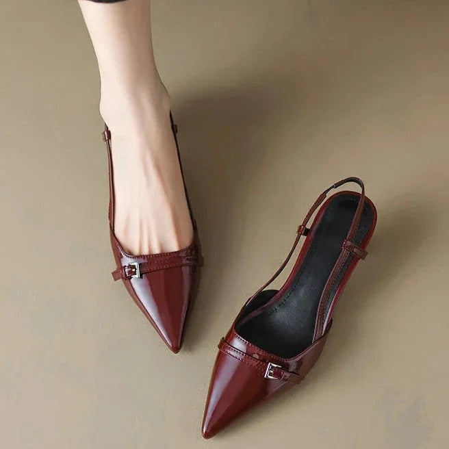 Women's Slingback T Strap Kitten Heel Pumps, Pointed Toe Buckle Detail
