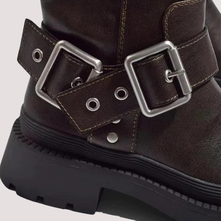 Women's Flat Heel Knee High Boots, Buckle Strap Lug Sole