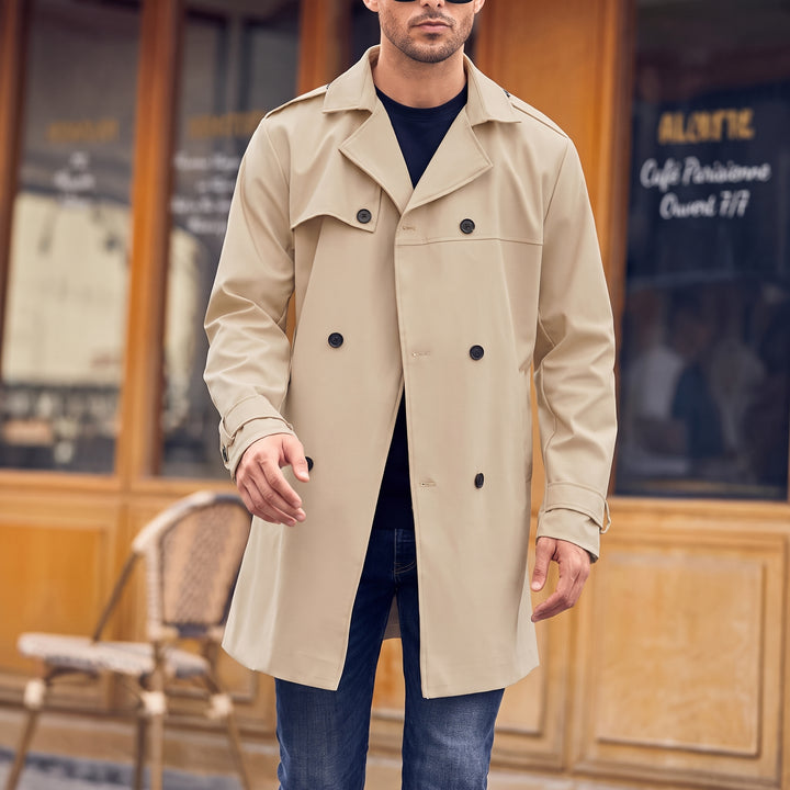 Men's Long Khaki Trench Coat, Double Breasted Belted Epaulettes