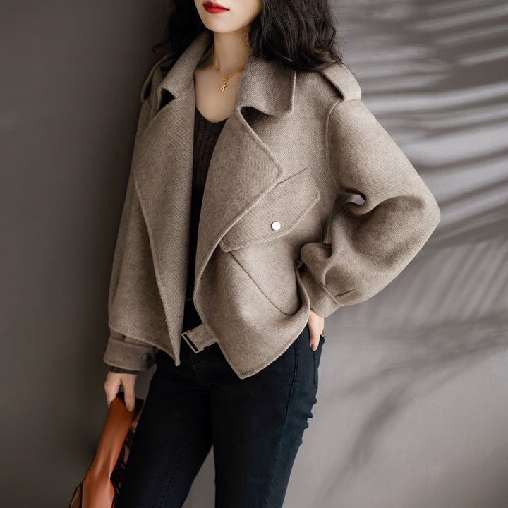 Women's Short Winter Peacoat, Oversized Taupe Asymmetrical
