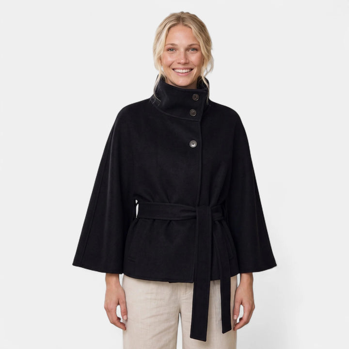 Women's Wool Winter Coat, Cape Oversized Belted Stand Collar