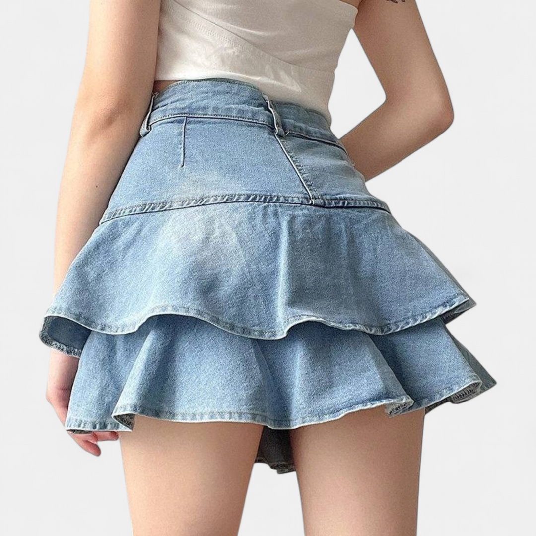 Women's High Waisted Denim Mini Skirt, Tiered Ruffle A Line