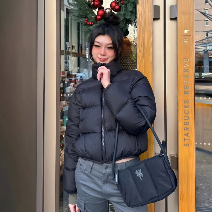 Women's Cropped Black Puffer Jacket, Bubble Quilted Padded