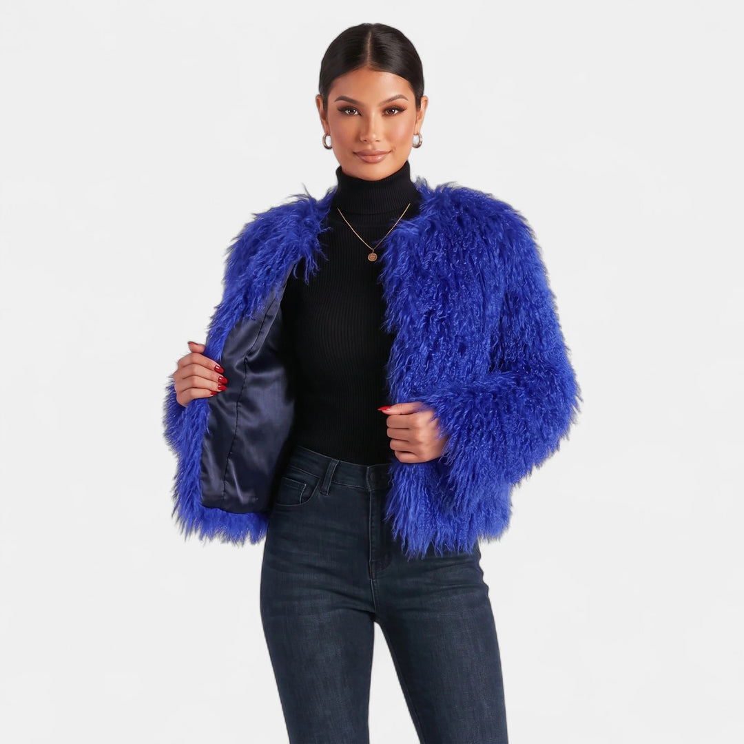 Women's Oversized Short Faux Fur Coat, Collarless Open Front