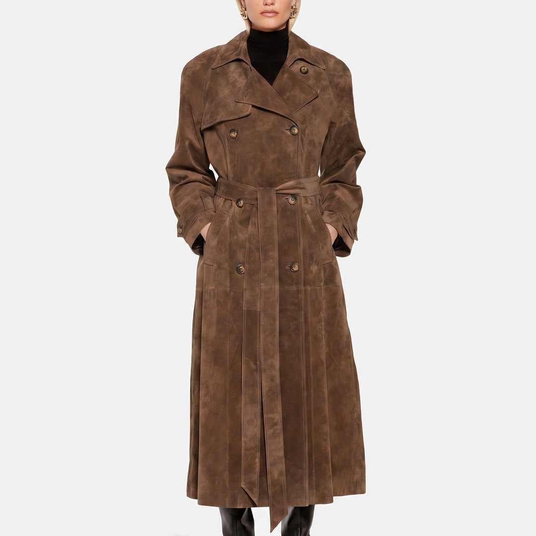 Women's Longline Suede Trench Coat, Belted Waist Button Front