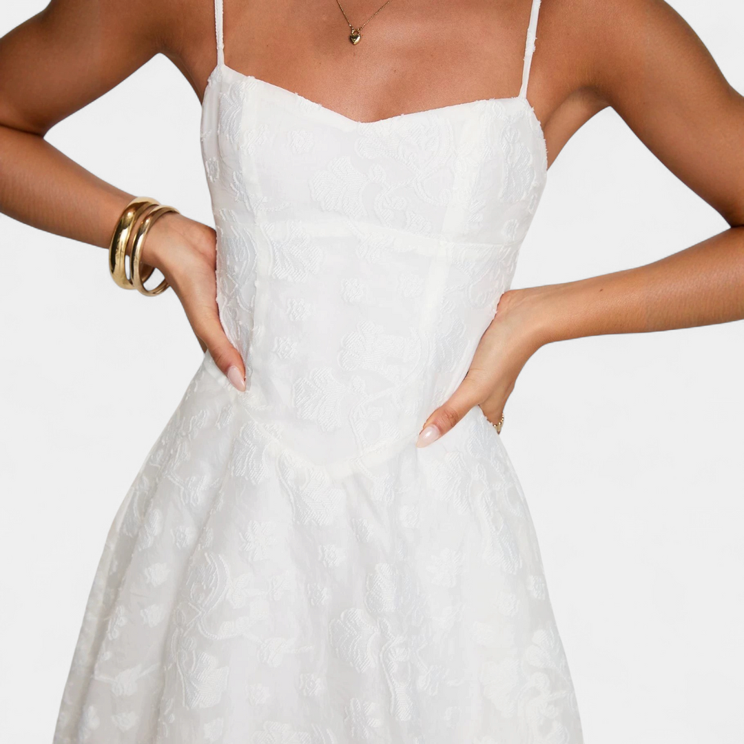 Women's White Floral A Line Mini Homecoming Dress, Spaghetti Strap Jacquard