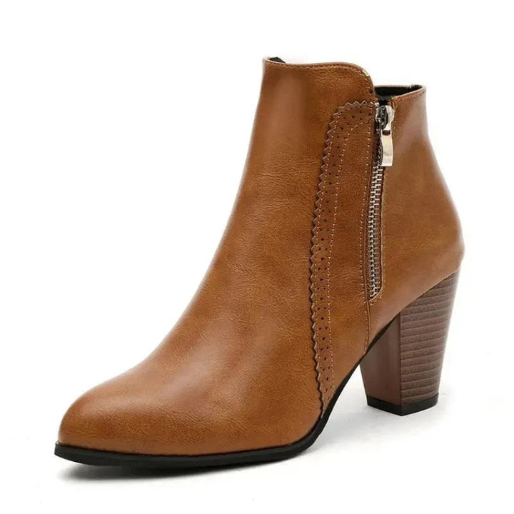 Women's Leather Ankle Boots, Pointed Toe Block Heel Side Zip