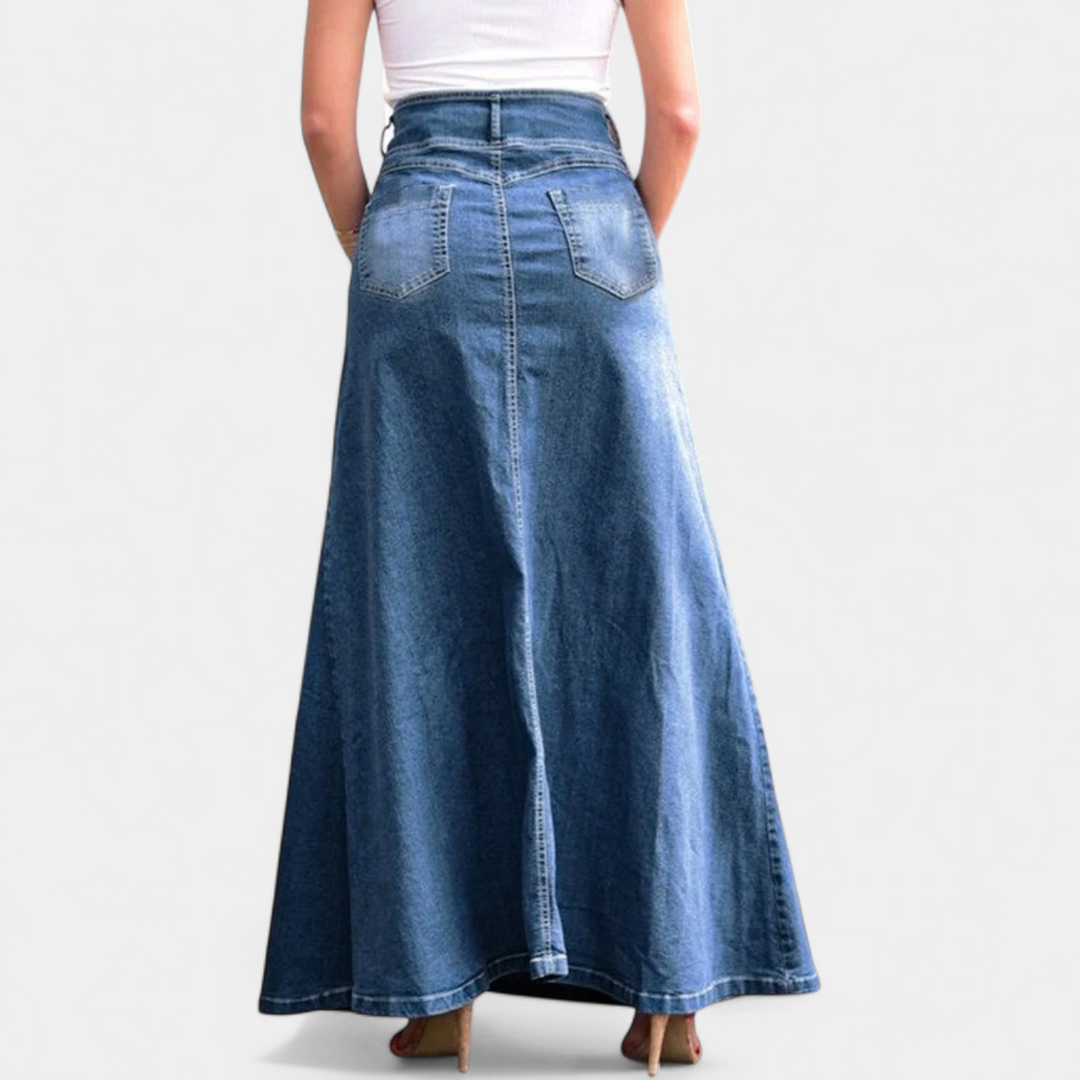 Women's High Waisted A Line Denim Maxi Skirt, Diagonal Button Front