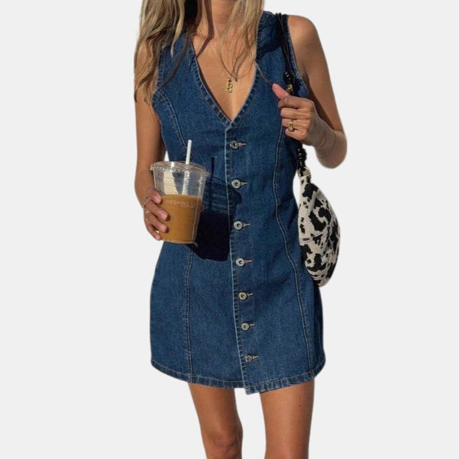 Women's Denim Mini Dress, Sleeveless V Neck Tie Back