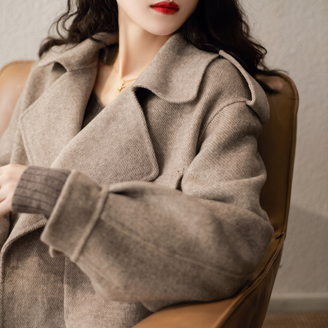 Women's Short Winter Peacoat, Oversized Taupe Asymmetrical