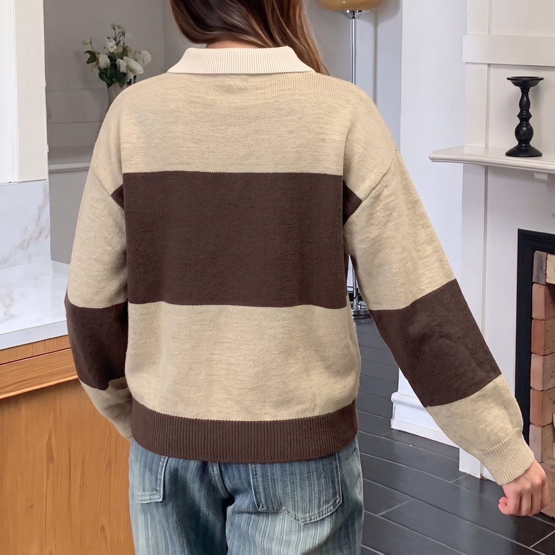 Women's Long Sleeve Polo Rugby Shirt, Collared Knitted Cafe