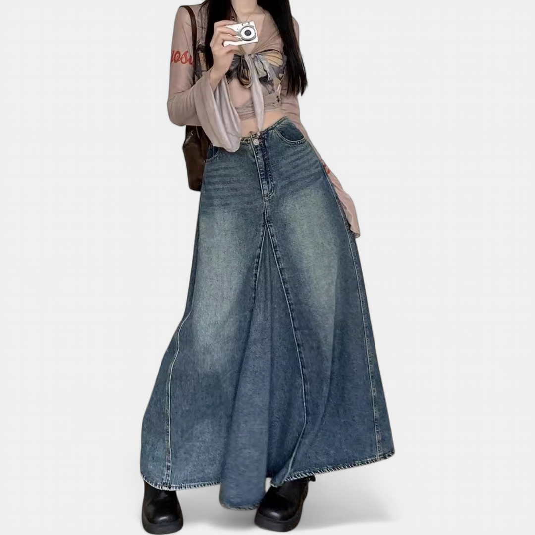 Women's High Waisted A Line Denim Maxi Skirt, Vintage Wash Flared