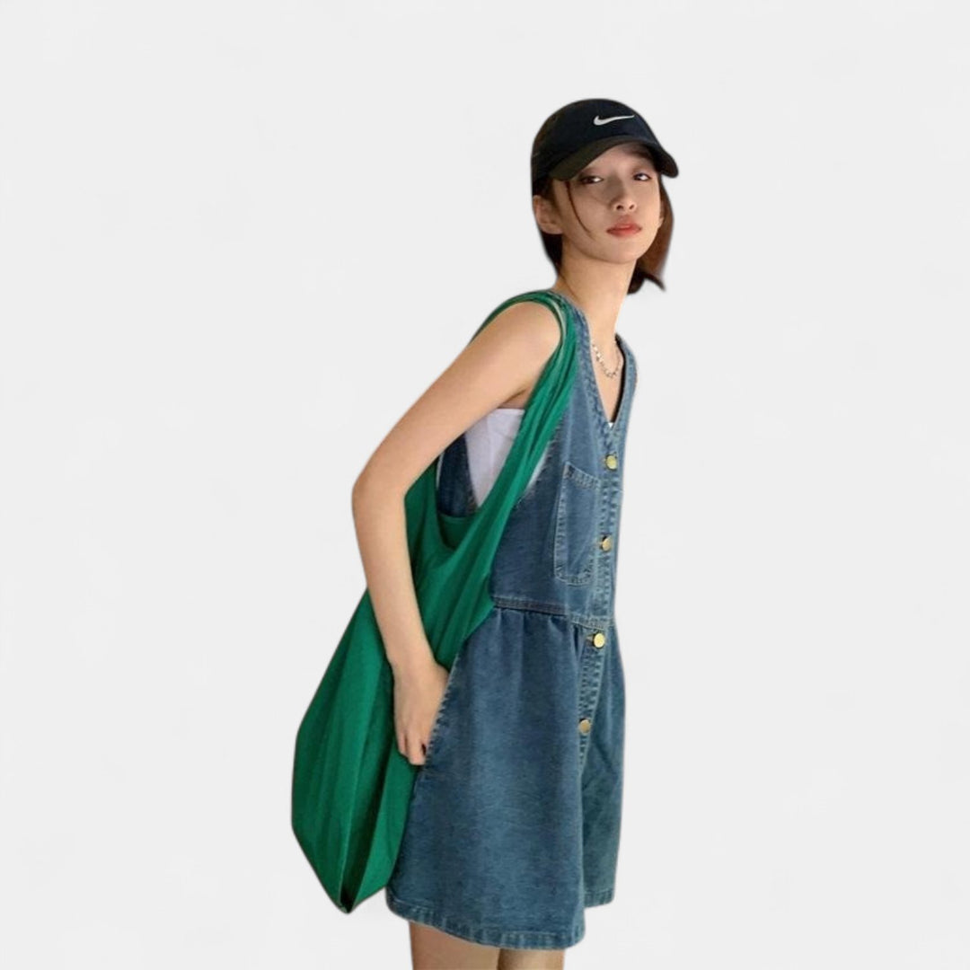 Women's Denim Mini Dress, Sleeveless V Neck Button Front