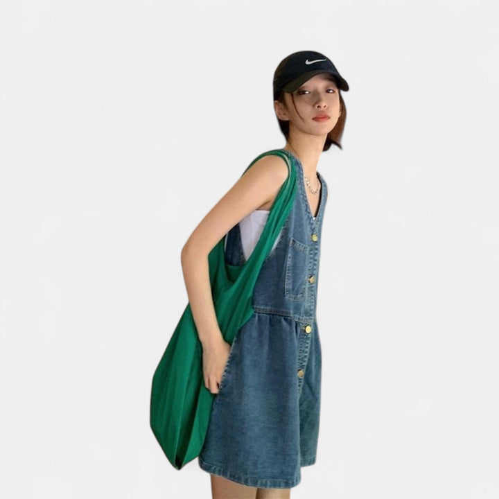 Women's Denim Mini Dress, Sleeveless V Neck Button Front