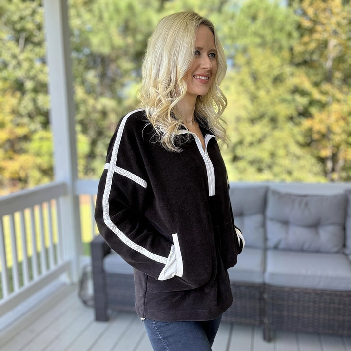 Women's Quarter Zip Sweater, Contrast Trim Mock Neck Pullover
