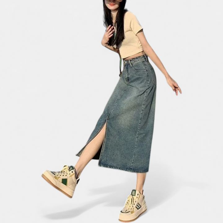 Women's High Waist A Line Denim Midi Skirt, Front Slit