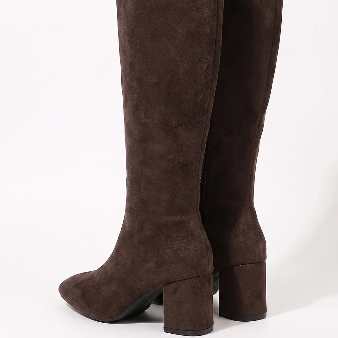 Women's Knee High Boots, Suede Block Heel Pointed Toe Fitted