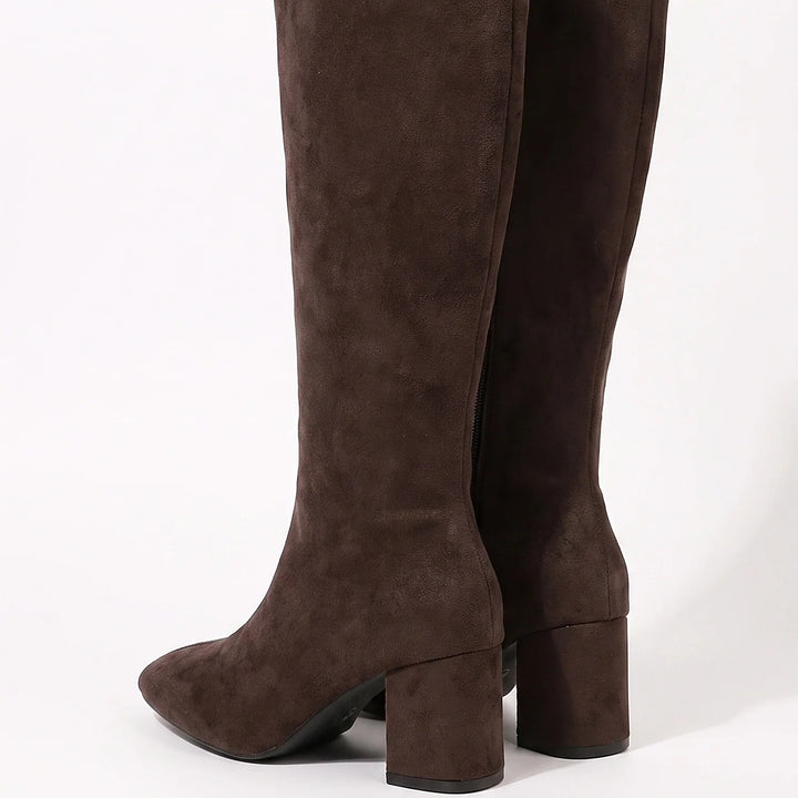 Women's Knee High Boots, Suede Block Heel Pointed Toe Fitted