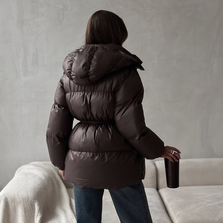 Women's Quilted Winter Puffer Jacket, Bubble Hooded Shiny Padded