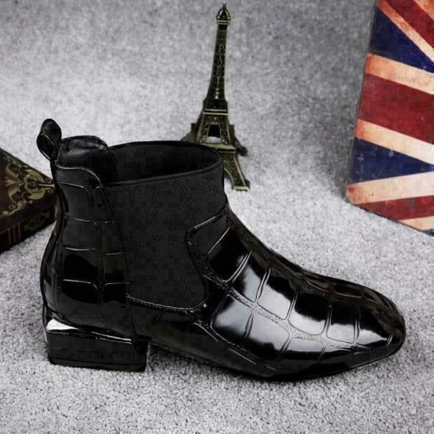 Women's Crocodile Embossed Square Toe Chelsea Boots, Block Heel