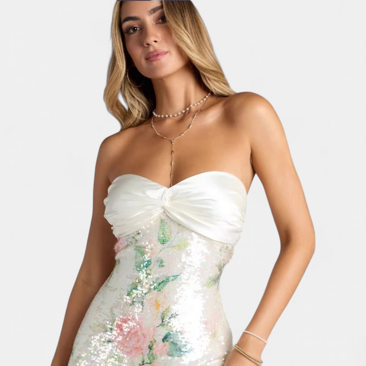 Women's Floral Sequin Mini Homecoming Dress, Strapless Sweetheart Ruched Bust