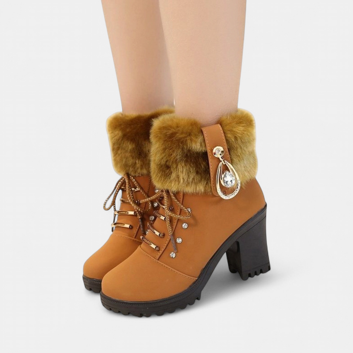 Women's Fur Lined Ankle Boots, Faux Fur Block Heel