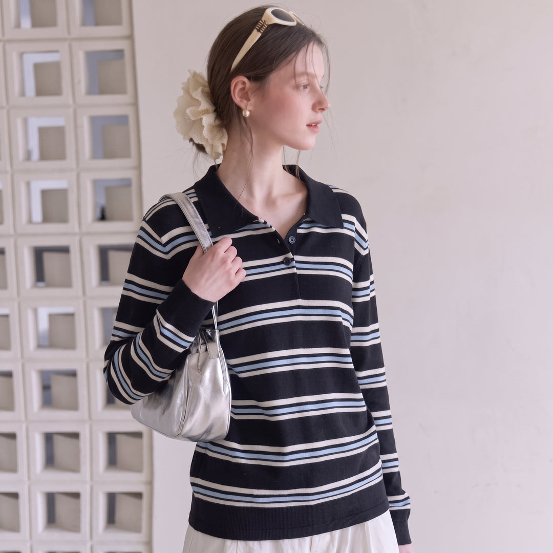 Women's Long Sleeve Polo Rugby Shirt, Collared Knitted Navy