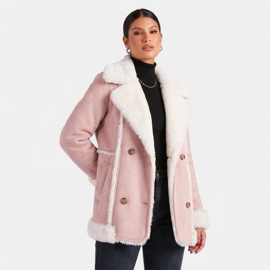 Women's Double Breasted Suede Jacket, Short Shearling Trim