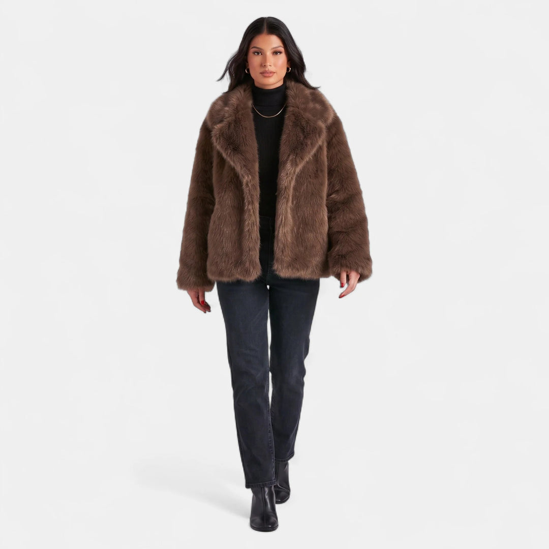 Women's Short Faux Fur Coat, Oversized Notch Lapel Long Sleeve