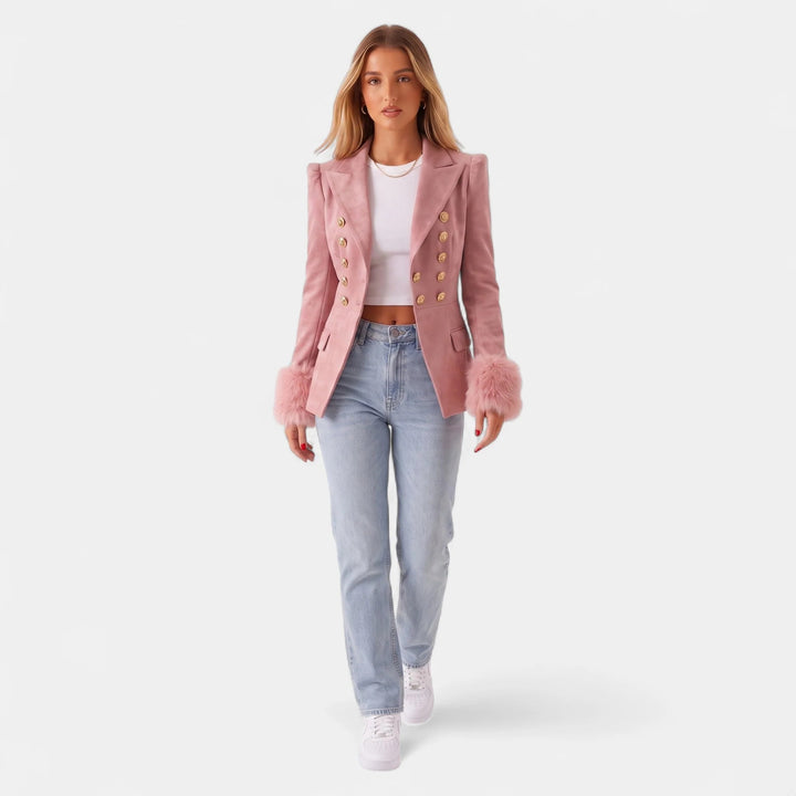 Women's Double Breasted Suede Blazer, Faux Fur Cuffs Tailored
