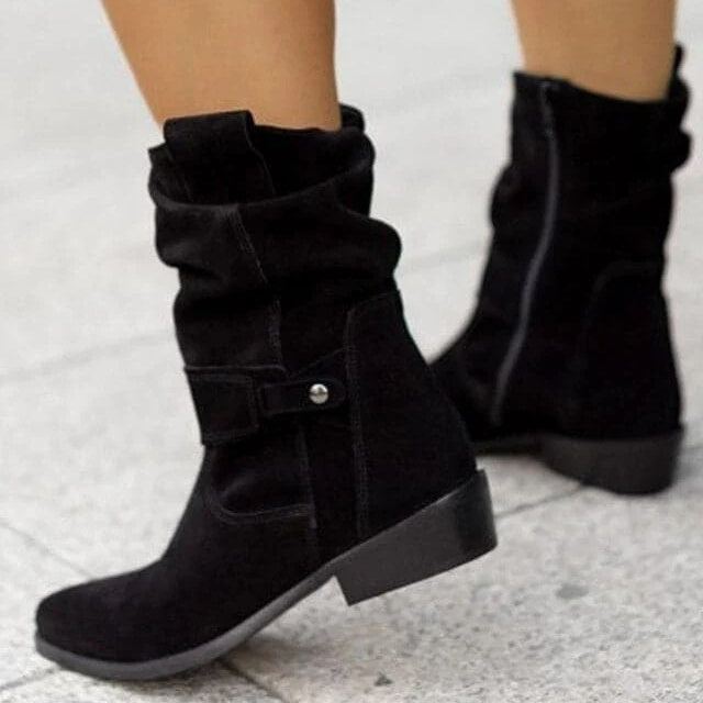 Women's Suede Boots, Slouched Ruched Shaft Mid Calf Pull On