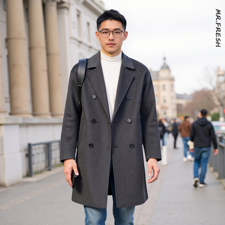 Men's Long Wool Peacoat, Double Breasted Oversized Notched Lapel