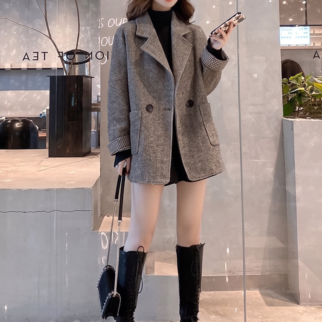 Women's Herringbone Winter Peacoat, Tailored Notched Lapel