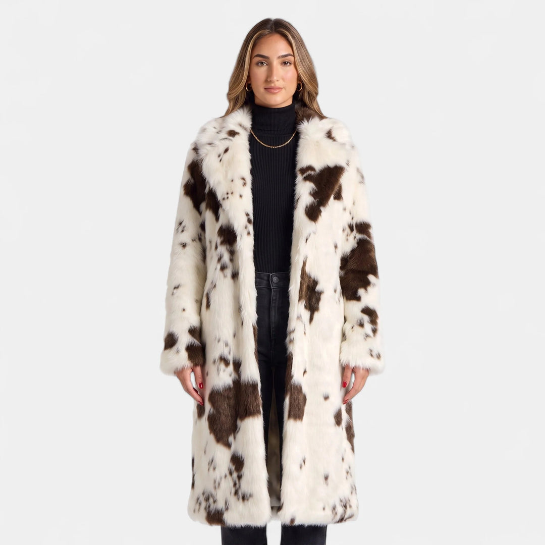 Women's Oversized Faux Fur Coat, Cow Print Open Front