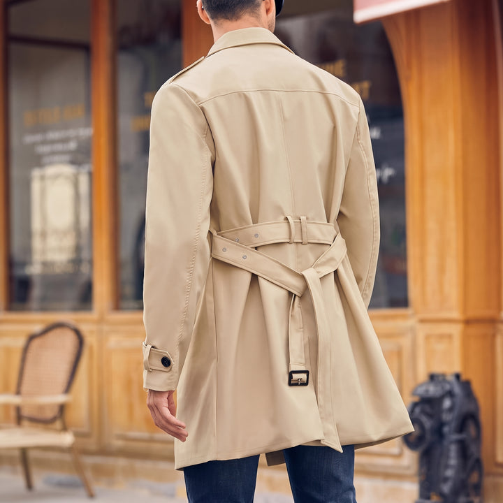 Men's Long Khaki Trench Coat, Double Breasted Belted Epaulettes