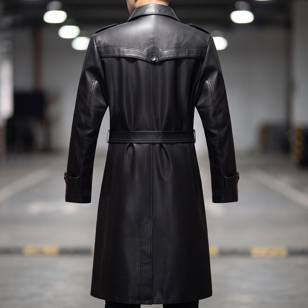 Men's Long Black Trench Coat, Fur Lined Single Breasted