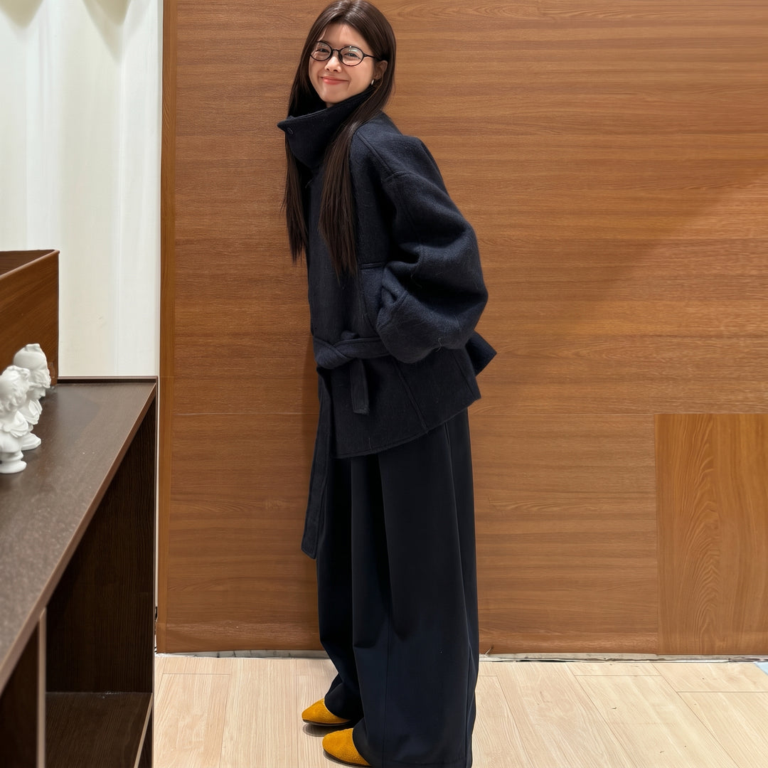 Women's Short Double Breasted Peacoat, Oversized High Neck Belted