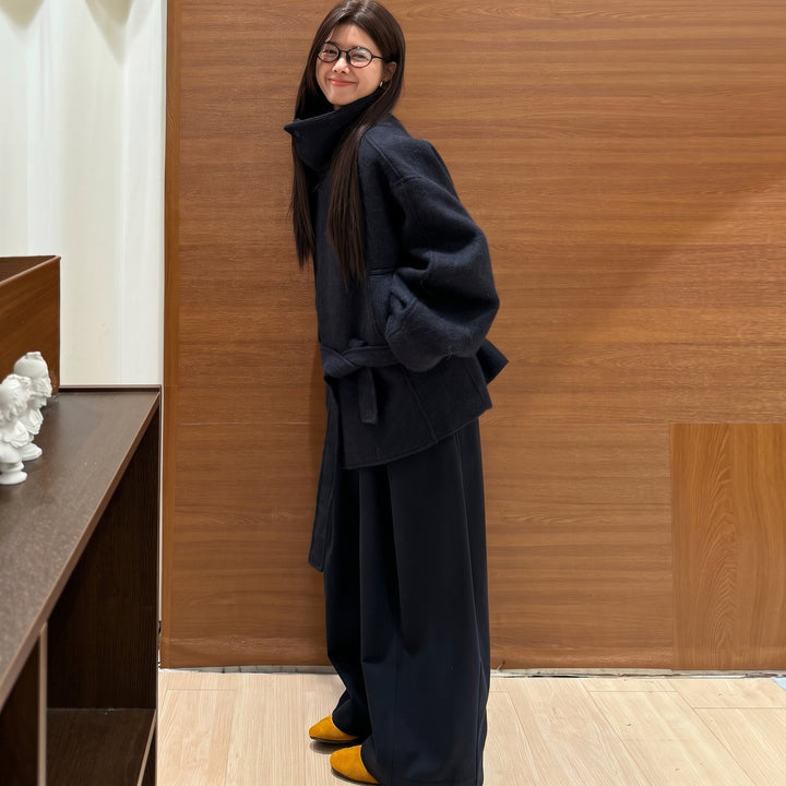 Women's Short Double Breasted Peacoat, Oversized High Neck Belted